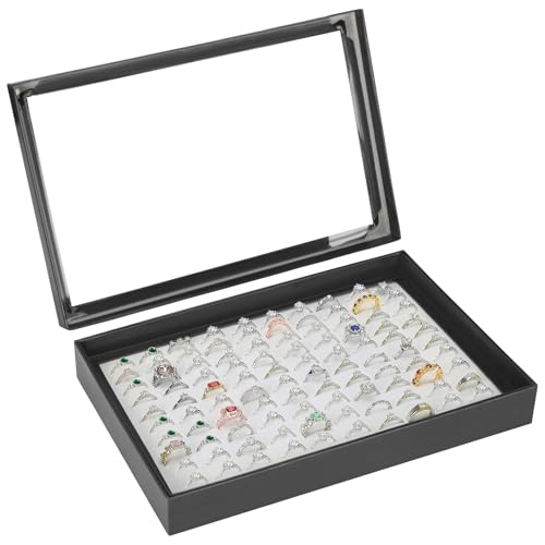 KUKUVR 100 Slots Ring Earring Holder Display Case, Velvet Jewelry Ring Earring Storage Organizer Box Tray with Clear Lid for Women And Selling Show (Black+White) - color: Black+White
