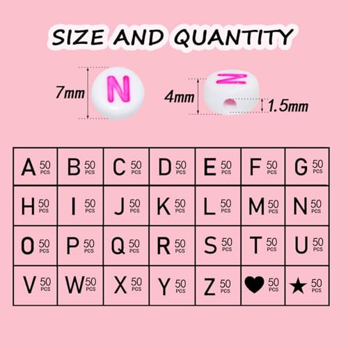 Looconi 1400pcs Pink Letter Beads 4x7mm White Round Acrylic Alphabet A-Z Heart Star Beads for Jewelry Making Bracelets Necklaces Key Chain - color: Pink