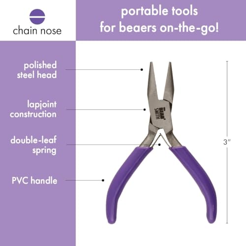 The Beadsmith Mini Series Chain Nose Plier – Create Loops and Bends in Wire and Metal – 3-Inches, Purple Comfort Grip Handle, Single Leaf Spring, Polished Steel Head – Tools for Jewelry Making - style: Chain Nose