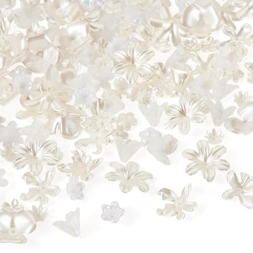 Beadthoven 270Pcs Acrylic Flower Imitation Pearl Beads Sakura Cherry Blossom Flower Bead End Caps Multi-Petal Floral Loose Spacer Bead Charms for Jewelry Making DIY Crafts Supplies, Creamy White - color: Imitation Pearl Flower-White