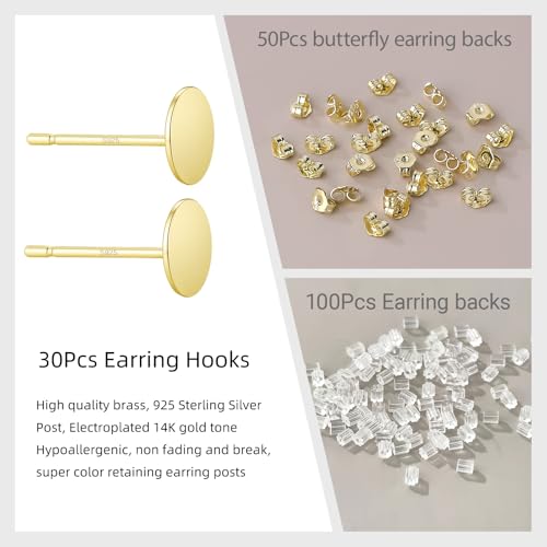 30PCS 14K Gold Plated Flat Pad Earring Posts Hypoallergenic Earring Studs with 925 Sterling Silver Post for DIY Jewelry Making Findings - color: C Style-14K Gold Flat Pad