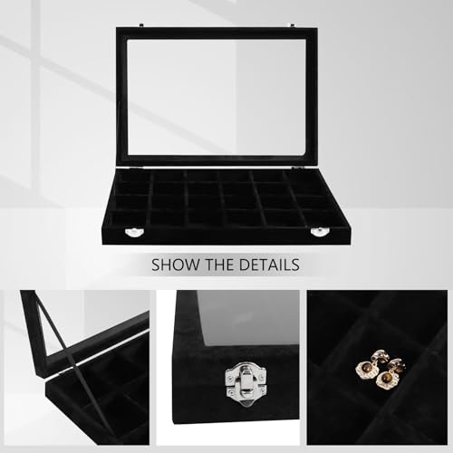 Wudygirl Jewelry Organizer 24 Grid Jewelry Tray with Clear Lid Velvet Jewelry Box Earrings Holder Organizer Jewelry Display Case (Black 24 Grid) - style: 24 Grid Tray