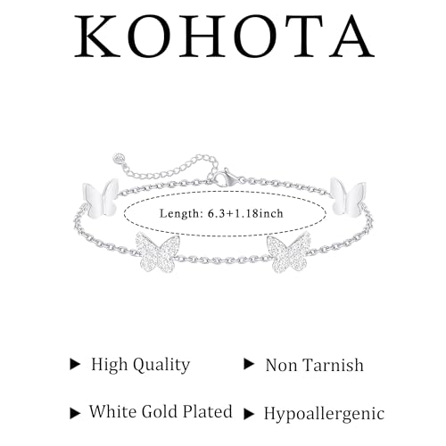 KOHOTA Silver Gold Bracelets for Women Trendy 14K Gold Plated Bracelet for Women Non Tarnish Dainty Stackable Clover Flower Heart Butterfly Diamond CZ Charm Station Bracelets Stack Jewelry Gifts - color: F: Butterfly-Silver