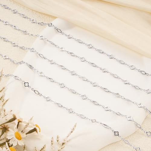 YOUBEIYEE 13 Feet Stainless Steel Jewelry Making Chains Rhombic Clover Link Chain for Women Necklace DIY Chains Bulk - color: Clover Rhombic Silver