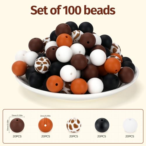 100 Pcs 15mm Silicone Beads for Keychain Making, Pink Gream Silicone Beads Bulk Round for Bracelets Pens Crafts Jewelry Making (Brown White) - color: Brown White