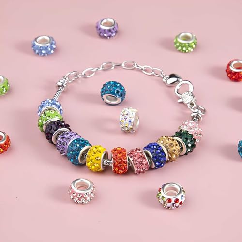 50 PCS Large Hole Beads Rhinestone European Bead Crystal Charm Spacer Rhinestone Beads for Pens Making Bulk Beadable Pens Jewelry Making Supplies DIY Crafts Bracelet(Silver, 12mm) - color: Silver