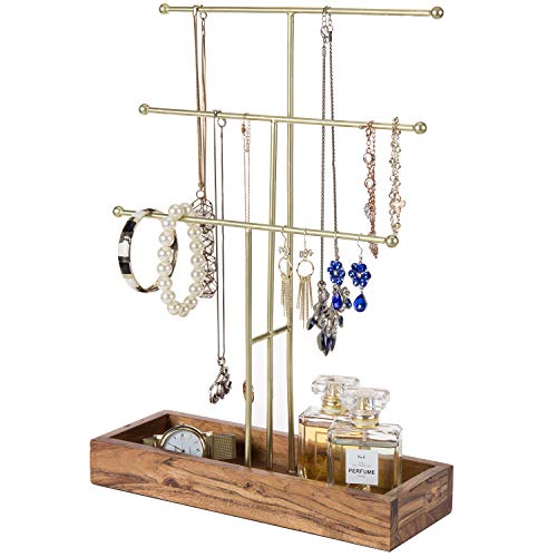 MyGift Handmade 3-Tier Brass Metal Jewelry Tree Organizer Stand and Ring Tray with Solid Acacia Wood Base, T Bar Necklace and Bracelet Display Rack, Handcrafted in India