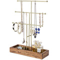 MyGift Handmade 3-Tier Brass Metal Jewelry Tree Organizer Stand and Ring Tray with Solid Acacia Wood Base, T Bar Necklace and Bracelet Display Rack, Handcrafted in India