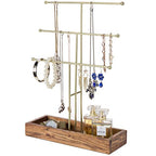 MyGift Handmade 3-Tier Brass Metal Jewelry Tree Organizer Stand and Ring Tray with Solid Acacia Wood Base, T Bar Necklace and Bracelet Display Rack, Handcrafted in India