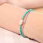 Peridot Stand Silver Gold Bracelets, Handmade Birthstone Stack Bracelet Crystal Gemstones Bead Chain Gift for Women, 8" - color: Silver-06-Turquoise and Baroque Pearls