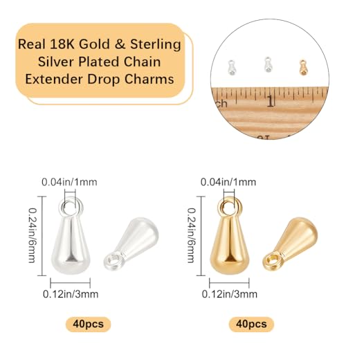 Beebeecraft 1 Box 80Pcs Teardrop Charms Dangle End Beads Extender Chain Drop Water Charms for Jewelry Making Findings - color: Gold and Silver, size: 6x3mm