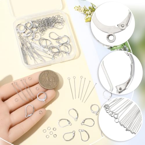 1 Box 180Pcs Stainless Steel Leverback Earring Hooks Earring Hook Making Kit with Loop Hypoallergenic Head Eye Pins Jump Rings No Tarnish Lever Back Earwire Clasps for Jewelry Making DIY - color: Silver
