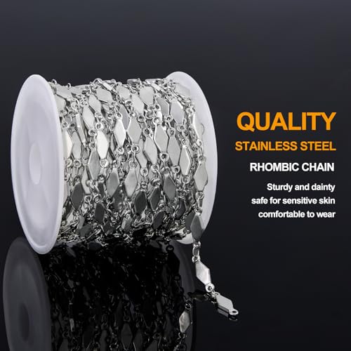 KYUNHOO 13 Feet Stainless Steel Jewelry Making Chains Bulk Rhombus Link Silver Craft Chain Necklace for Men Women with Lobster Clasps and Jump Rings - color: Rhombic Silver