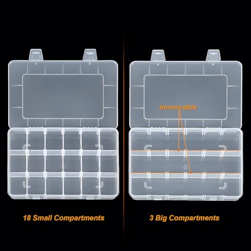 CGCG 3 Pack 7.9 x 5.8 inch Plastic Organizer Box with Adjustable Dividers 18 Grids Clear multi Compartment Storage Container Small Case for Beads Crafts Jewelry Fishing Tackles nail charm sticker