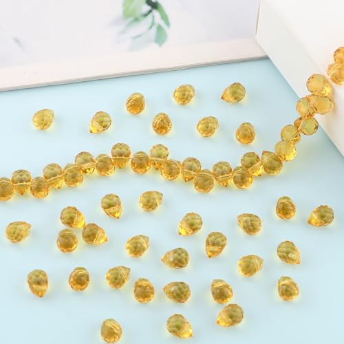 100pcs Golden Yellow Faceted Crystal Glass Beads 8x10mm, Shiny Teardrop Glass Beads for Jewelry Making, Crystal Beads for Bracelet Necklace Earring DIY Craft - color: Golden Yellow