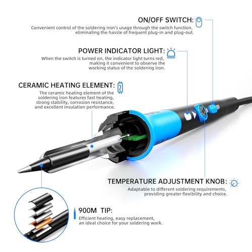 Soldering Iron Kit, 60W gun with Ceramic Heater, 9-in-1 solder kit tool, Adjustable Temperature 200 to 450℃, Iron Tips, wire, Solder Stand for Welding and Repairing - color: Blue