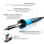 Soldering Iron Kit, 60W gun with Ceramic Heater, 9-in-1 solder kit tool, Adjustable Temperature 200 to 450℃, Iron Tips, wire, Solder Stand for Welding and Repairing - color: Blue