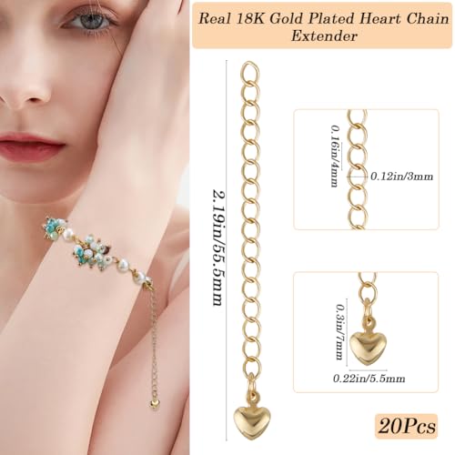 Beebeecraft 1 Box 20Pcs Extension Chain 18K Gold Plated Brass 55.5mm Curb Chain Extenders End Chains with Heart for Necklace Bracelet Jewelry Making - color: Gold-heart