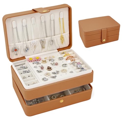 KOOAAICCHI Small Jewelry Box, Travel Jewelry Organizer, Portable Jewelry boxes for Women Girls Gift, Double Layers PU Leather Jewelry Holder for Rings, Earrings, Necklaces-Brown - color: JS-Brown