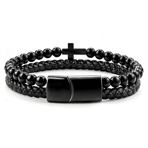 Mens Bracelet Fathers Gifts Day Black Braided Leather Stainless Steel Cross Jewelry Charming Bracelet Embedded with Black Agate Beads,Perfect for Wedding, Parties, and Everyday,Bible Verse Christian Religious Gift(7.5/8.5/9 Inch) - color: E+black+8.5