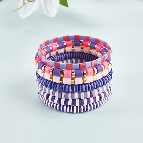 Ornaland 7Pcs Handmade Polymer Clay Heishi Surfer Stretch Bracelets Set Colorful Glass Beads Bracelets Boho Stackable Preppy Bracelets Wrist Jewelry for Women - color: purple pink