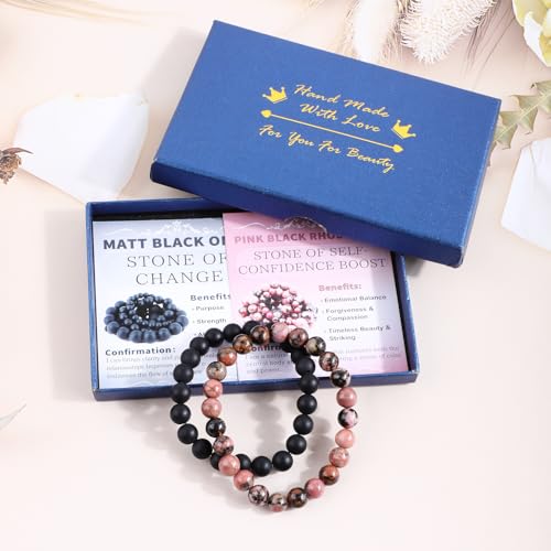 NCB 2.3-Piece 4mm Natural Crystal Gemstone Stretch Bracelets – Handmade Reiki Energy Healing Jewelry for Meditation,Yoga, Unisex - color: 2PCS ( Pink black Rhodonite+Matte Black Agate ), size: 8mm
