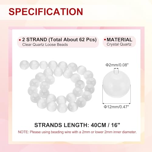 PATIKIL 12 mm Natural Clear Quartz Loose Beads, 2 Strands Crystal Round Stone Strand Beads Gemstone Loose Bead Spacer Beads for Jewelry Making DIY Necklace Bracelet, White - color: White, size: 12 mm