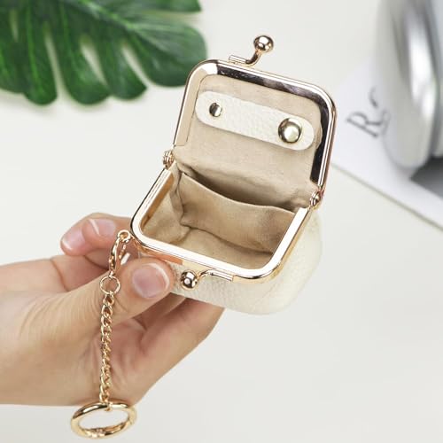 Royal Bagger Genuine Cow Leather Mini Jewelry Box Women's Coin Purse Solid Color Kiss Lock Change Pouch Casual Style Small Storage Bag for Women 1894 (Pink with Chain) - color: Pink with Chain