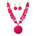 Layered Beads Statement Fashion Necklace Chunky Jewelry Set Big Colorful Glass Stone Circle Shell Pendant Choker Necklace and Earring Set for Women - color: Hot pink