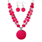 Layered Beads Statement Fashion Necklace Chunky Jewelry Set Big Colorful Glass Stone Circle Shell Pendant Choker Necklace and Earring Set for Women - color: Hot pink