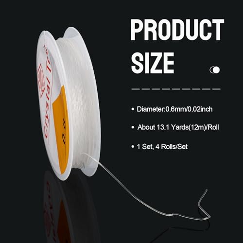 4 Rolls Elastic Stretch Thread Cord for Bracelets 0.6mm Round Clear Crystal Bracelet Beading Thread Elastic String Rope for DIY Women Necklace Jewelry Making Beading Craft, 13.1 Yards(12m)/roll - size: 0.6mm