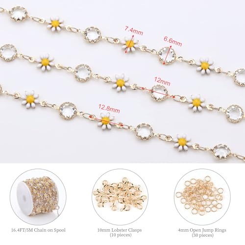 KYUNHOO 16.4FT/5M Gold Plated Chains for Jewelry Making Daisy Flowers Link Clear Bead Jewelry Chain Roll with Lobster Clasps Jump Rings for Crafting Findings - color: White Daisy Crystal