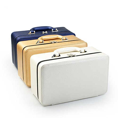 Oirlv Gold Leather Jewelry Box Handmade Travel Jewelry Organizer Storage Case Holder For Girl Lady Earring,Ring,Necklace,Pendant,Watch,Bracelet.(3 layers) - color: Golden