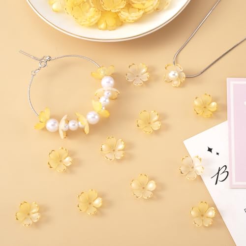 100pcs Cherry Blossom Beads, 5-Petal Yellow Gradient Acrylic Flower Beads, Mini Spacer Hair Accessories Halloween Christmas for Bracelets Earring Jewelry Making - color: Yellow