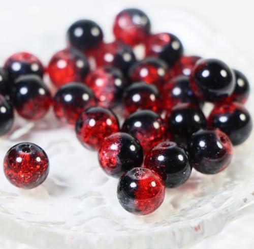 100Pcs 10mm Crackle Glass Beads for Jewelry Making - Round Spacer Crystal Beads Bulk, DIY Craft Supplies for Necklace Bracelet Earrings (Red Black) - color: Red Black