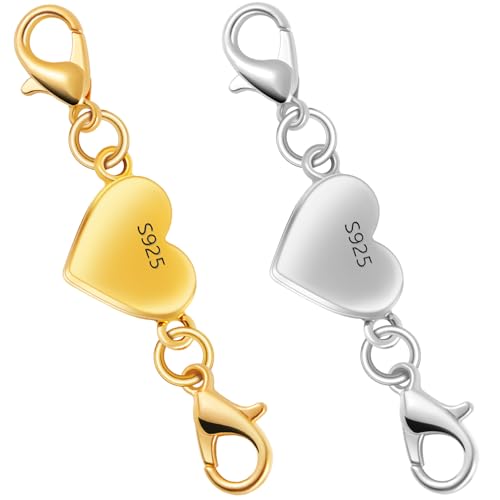 925 Silver Heart-Shaped Magnetic Necklace Clasps and Closures, Magnetic Clasp Converter for Jewelry Making Supplies,Chain Extender Connector for Necklace Bracelet (1gold + 1silver) - color: 1gold + 1silver