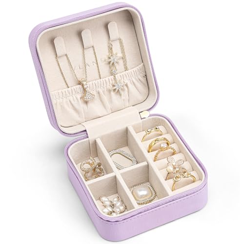 VLANDO Small Travel Jewelry Box Organizer - Girls Women Gift Rings Earrings Necklaces Jewelry Storage Display Case Purple - color: Purple, size: A. with Hook
