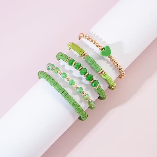 RISHEGAE Heishi Beaded Stretch Bracelets for Women Stackable Polymer Clay Beads Bracelets Friendship Boho Summer Beach Bracelet Jewelry Set - color: D-Green Set