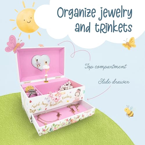 The Memory Building Co Ballerina Musical Jewelry Box Plays Classic Melody, Storage Organizer Music Box for Kids Ages 6-12, MDF Wood w/ 2 Fabric Lined Ring Bracelet Necklace Treasure Compartments - style: Ballerina