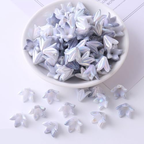130Pcs Acrylic Trumpet Flower Beads for Jewelry Making AB Lily Flower Bead Caps Gradient Pastel Floral Beads for Earrings Necklace Bracelet DIY Craft Accessories Keychain(Grey) - color: Grey