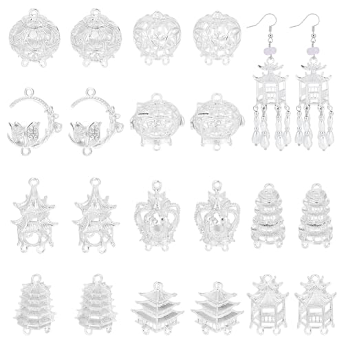 PH PandaHall 20pcs 10 Styles 3D Chandelier Component Links Charms, Silver Building Pendant Charm Earring Chandelier Filigree Pendants Hollow 3D Connector Settings for DIY Craft Jewelry Making