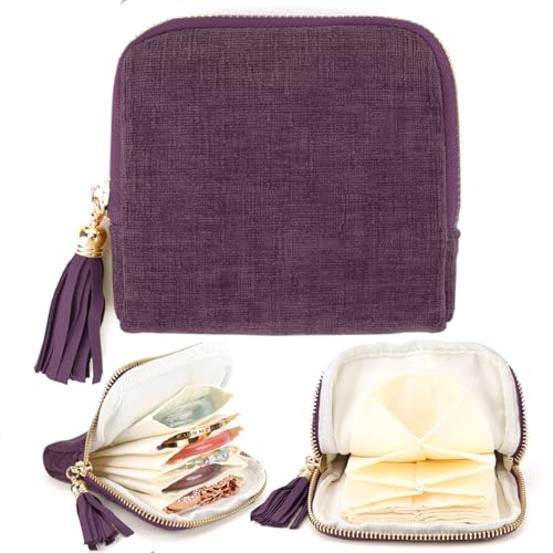 YOPCDJ Small Travel Jewelry Case, Portable Soft Jewelry Bags, Organizer Pouch with 6 Compartments Pocket, Anti-Scratch Storage Holder for Bangle Bracelets Earrings Necklace, Women Gifts, Purple - color: Purple
