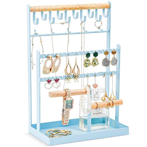 ProCase Jewelry Organizer Stand Necklace Organizer Earring Holder, 6 Tier Jewelry Stand Necklace Holder with 15 Hooks, Jewelry Tower Display Rack Storage Tree for Bracelets Earrings Rings -Blue - color: Blue