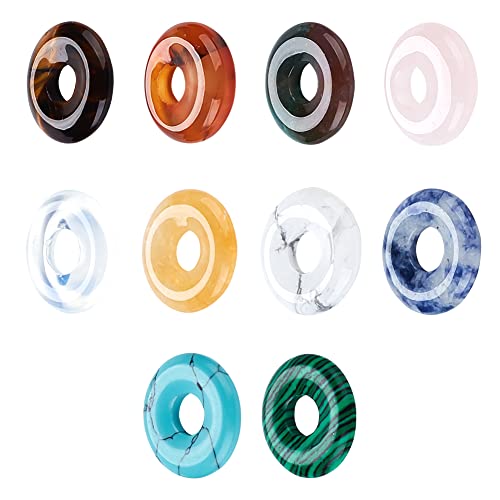 NBEADS 10 Pcs 10 Styles Natural Circle Donut Gemstone Charms, 18mm Dyed Flat Round Mixed Natural and Synthetic Donut Stone Beads Pendants Natural Stone Pendant for Jewelry Making, Hole: 5.5mm - color: 10 Pcs 10 Styles Stone A