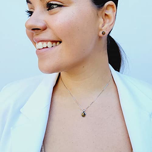 Natural gemstone 8mm round pendant with white gold over 925 sterling silver bezel cabochon plate and box chain, real genuine dainty birthstone gift for her, uniquelan jewelry