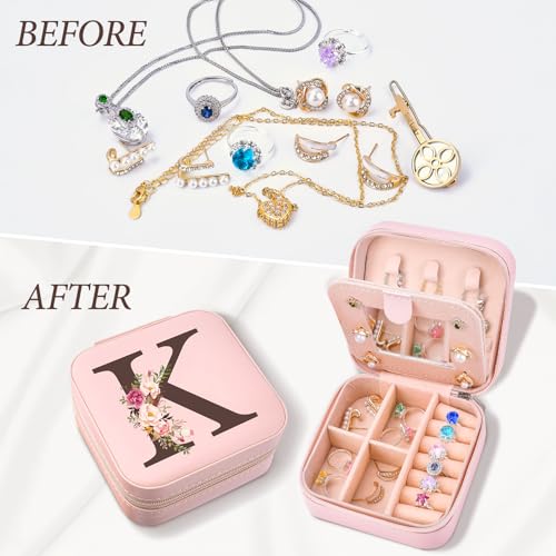 Inngeroo Christmas Gifts for Mom from Daughter Son, Personalized Birthday Giftware for Women, Mother Day Mom Gifts Small Travel Jewelry Box Travel Jewelry Organizer with Mirror, Initial K - style: K