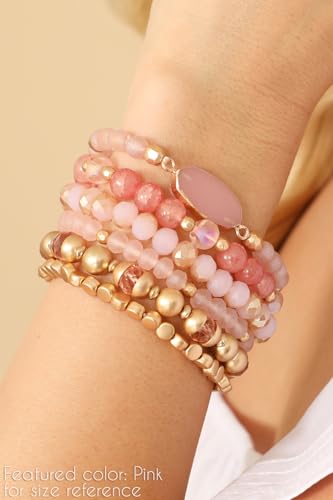RIAH FASHION Bohemian Acrylic Druzy Multi-Layer Bead Statement Bracelet - Versatile Faux Stone Pendant Stretch Strand Stackable Cuff Bangle Set Sparkly Crystal - color: Bohemian Oval Druzy Set - White