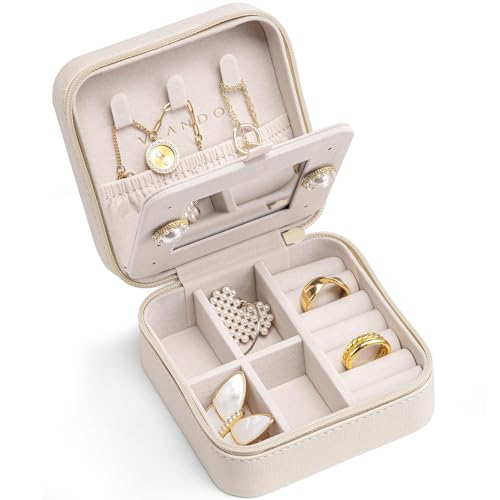 VLANDO Bridesmaid Gifts - Small Travel Jewelry Box Organizer - Wedding Gifts for Girls Women Rings Earrings Necklaces Storage with Mirror - Milky White - color: Beige, size: B. with Mirror
