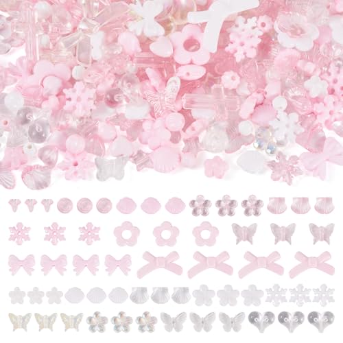 100G Mixed Shapes Acrylic Beads Assorted Beads for Bracelet Making,Flower Bow Butterfly Leaf Aesthetic Bracelet Charms Cute Beads for Jewelry Making DIY Necklace Keychain Phone,Pearl Pink - color: Pearl Pink