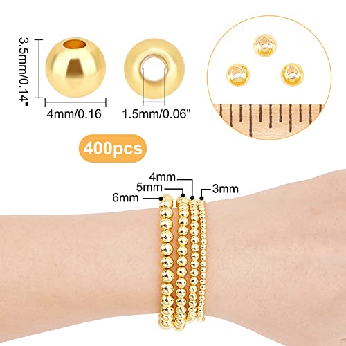 PH PandaHall 400pcs 4mm Smooth Gold Beads 18K Gold Plated Brass Beads Long-Lasting Round Spacer Bead Seamless Loose Ball Bead for Summer Hawaii Stackable Necklace Bracelet Earring Making - size: 4mm